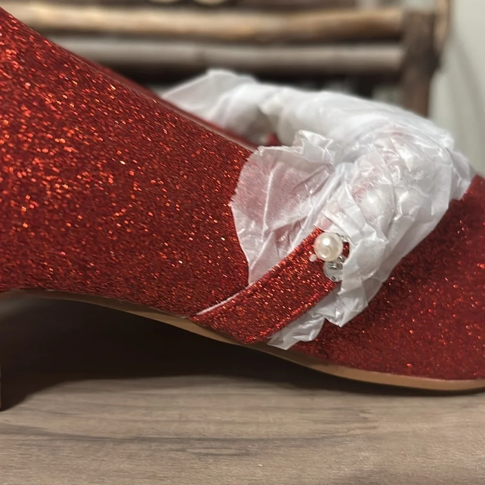 NIB Mary Jane GIRLS SZ 1 RED GLITTER DRESS Shoes LOW HEEL w/Pearls & Rhinestones
